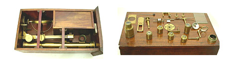Amici’s catadioptric microscope. Details of the wooden box and accessories